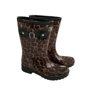 Kenneth Cole Reaction Rain Buckle Boot Sz 5 Brown Animal Print Glossy Waterproof